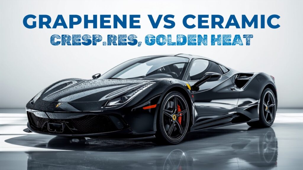 Glossy black car with ceramic coating shine, graphene vs ceramic coating comparison graphic for Florida heat